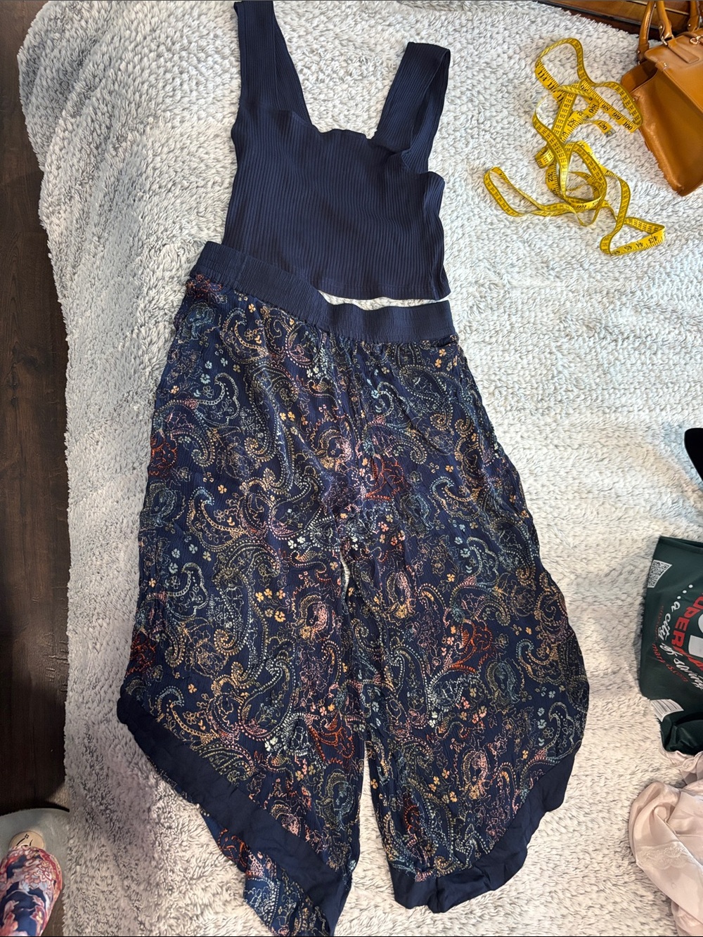 Adore Me Navy top and paisley wide leg cropped pants